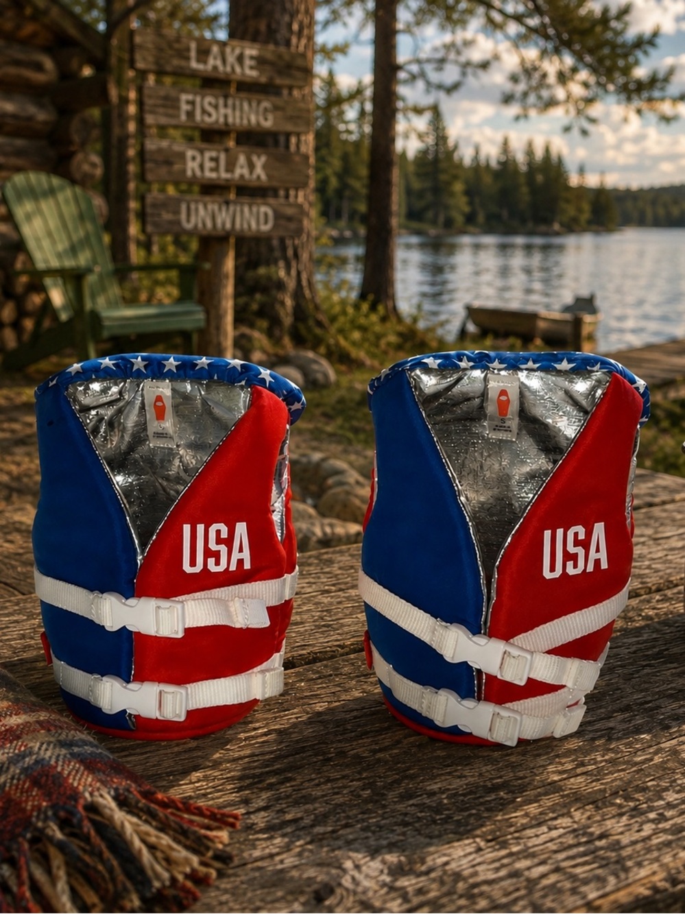 Set of 2 Puffin red white and blue life jacket drink koozies excellent condition